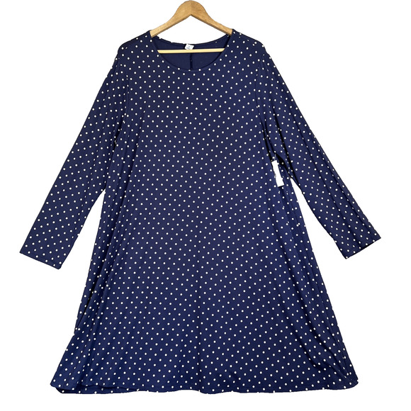 Old Navy Dress Women XL Navy Swing Polka Dot Long Sleeve Jersey Knit Preppy NEW - Picture 1 of 10
